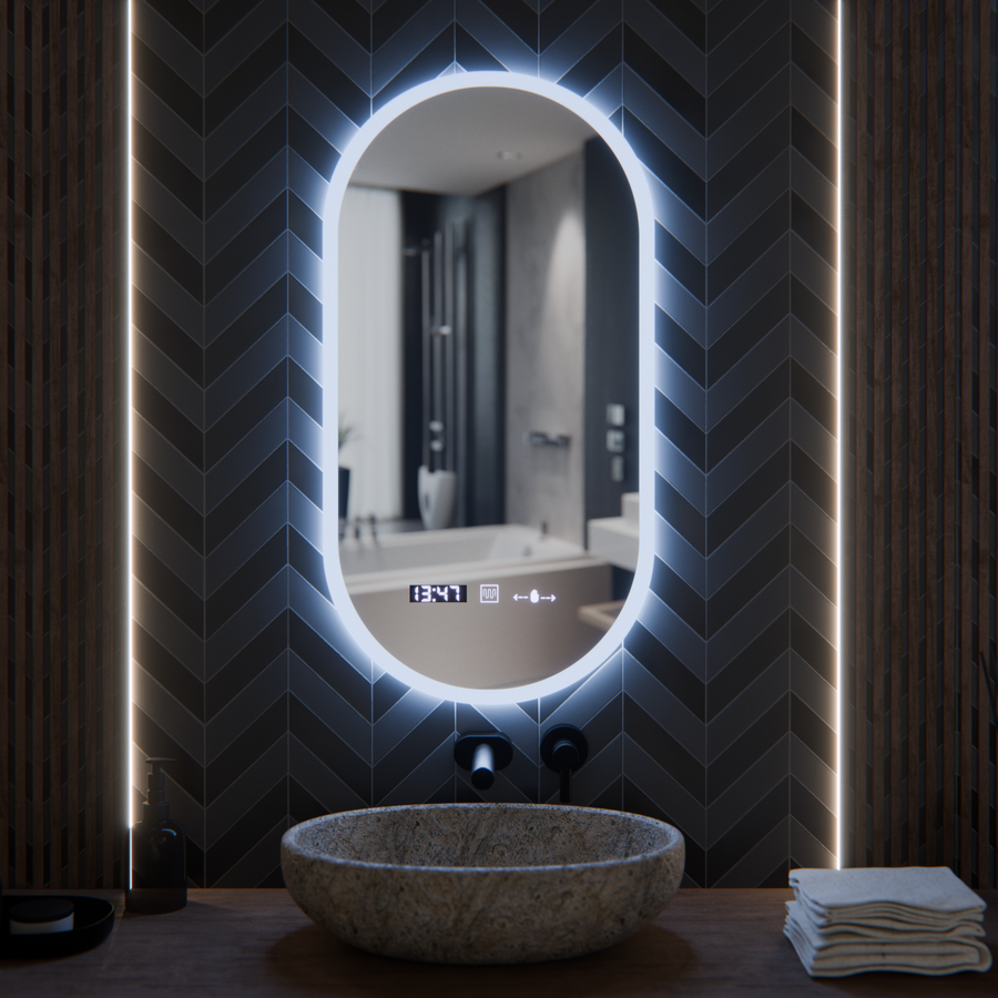 Miroir LED ovale, 50x100 cm, capteur Lucia Marcello, système antibuée, horloge et thermomètre, intensité variable