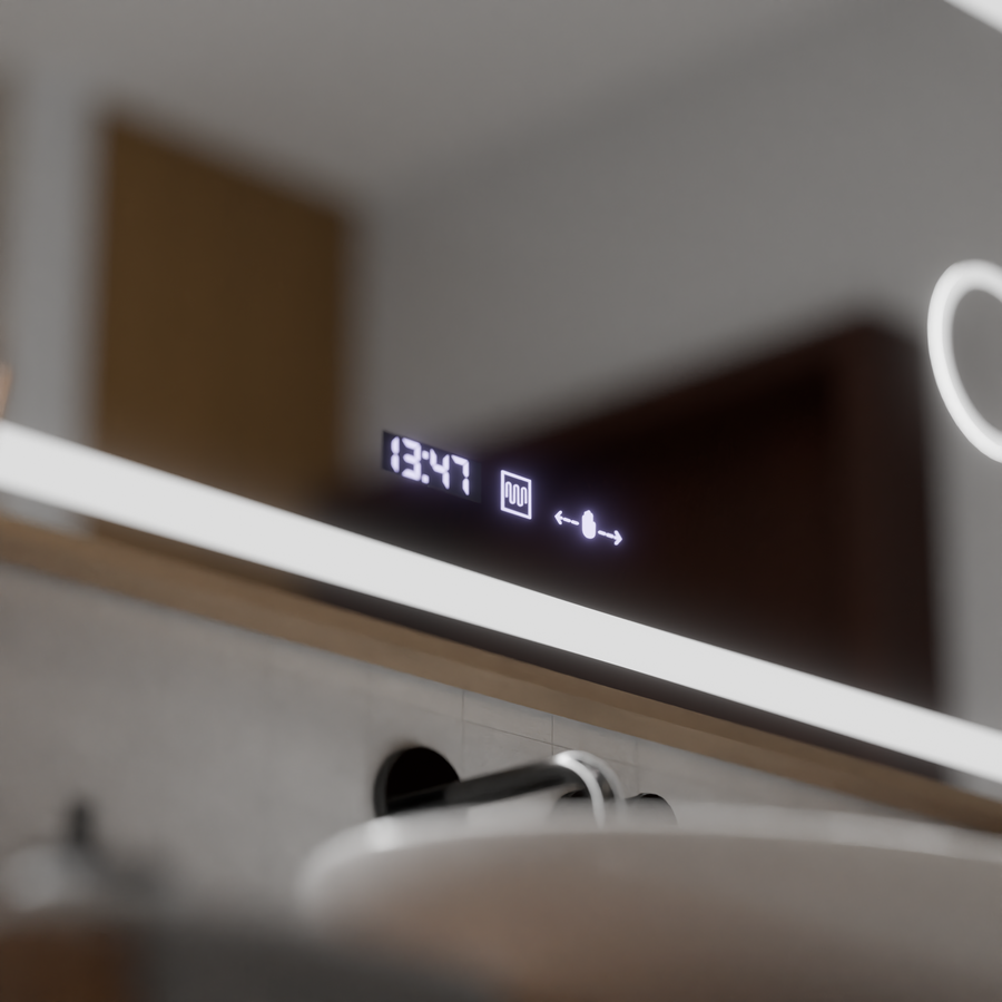 Miroir LED MotionGlow Capteur Sofia avec fonction anti-buée Thermomètre Horloge 110x65 cm Lumière Chaude/Froide/Neutre Intensité Variable, Cadre Or Rose, Collection Marcello Funghi