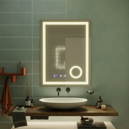 NIVERA Miroir Tactile LED Système de Désembuage, Horloge et Température Loupe Cosmétique 60x80 cm
