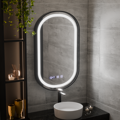 Helmut Miroir Tactile LED Système de Désembuage, Horloge et Température 50x90 cm Cadre Noir Brossé Marcello Funghi