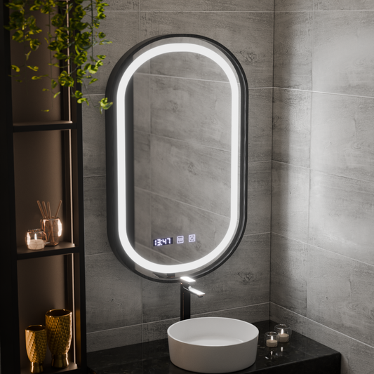 Helmut Miroir Tactile LED Système de Désembuage, Horloge et Température 50x80 cm Cadre Noir Brossé Marcello Funghi