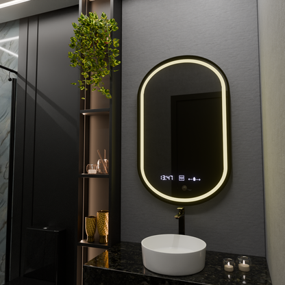 Miroir LED ovale, 50x80cm, Alessia MotionGlow Marcello, système anti-buée, horloge et thermomètre, intensité variable
