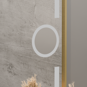 Miroir LED rectangulaire, 80x60 cm, Eclat MotionGlow Marcello, système anti-buée, horloge et thermomètre, loupe cosmétique, intensité variable, cadre doré brossé