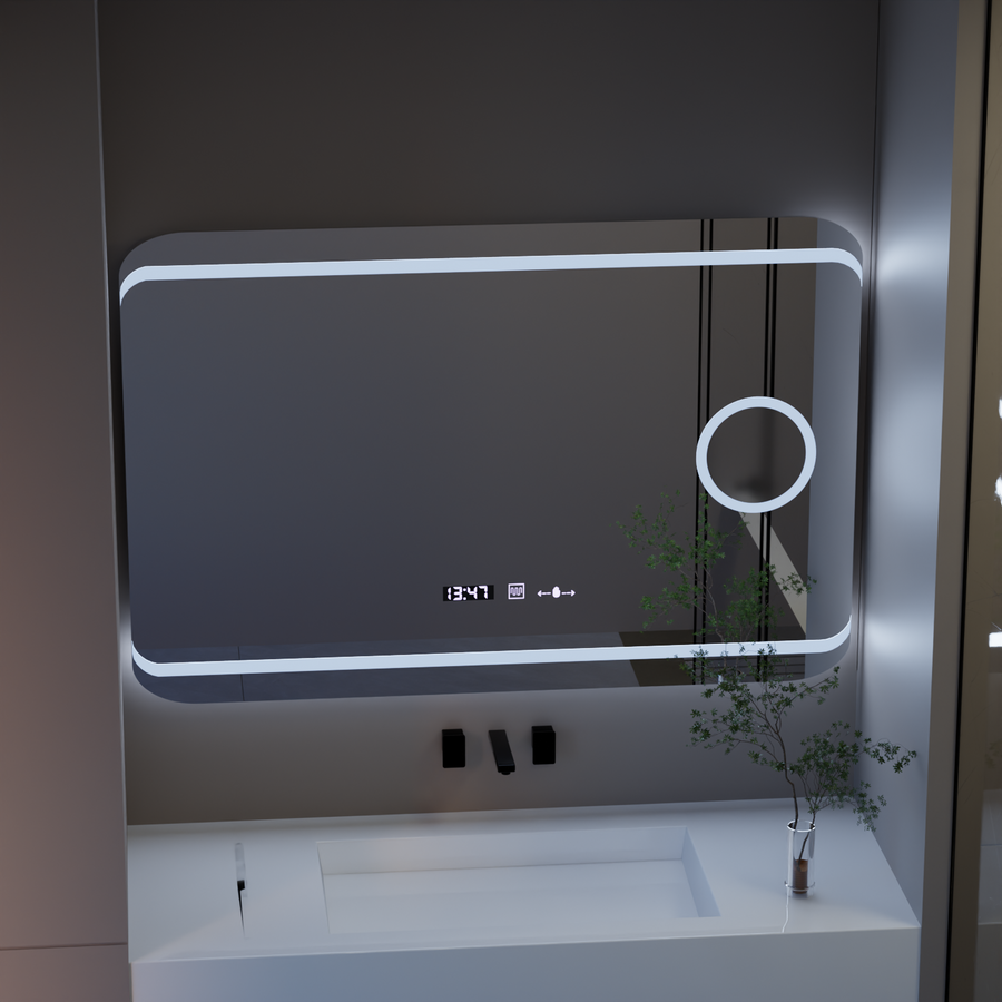 Miroir LED rectangulaire, 120x80cm, Definition MotionGlow Marcello, système anti-buée, horloge et thermomètre, loupe cosmétique, variable
