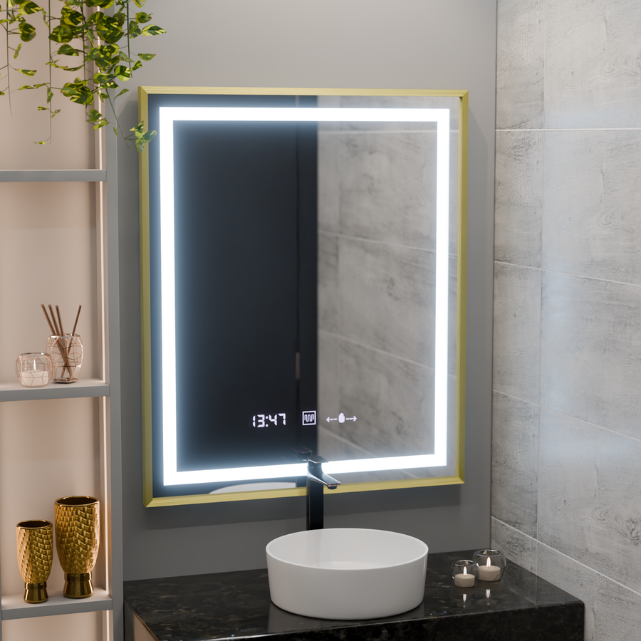 Miroir LED rectangulaire, 75x90 cm, Verite Royale Gold MotionGlow Marcello, système anti-buée, horloge et thermomètre, intensité variable