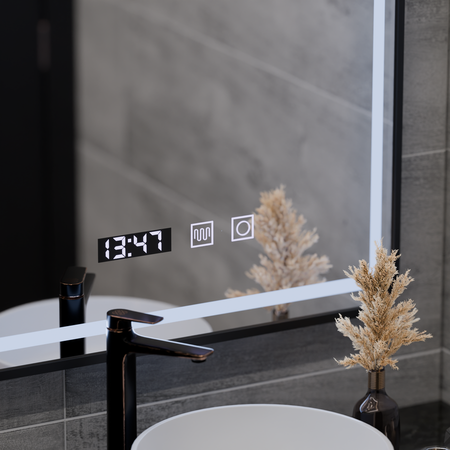Miroir LED Tactile LUCIDA Système de Désembuage, Horloge et Température 50x70 cm Cadre Noir Brossé