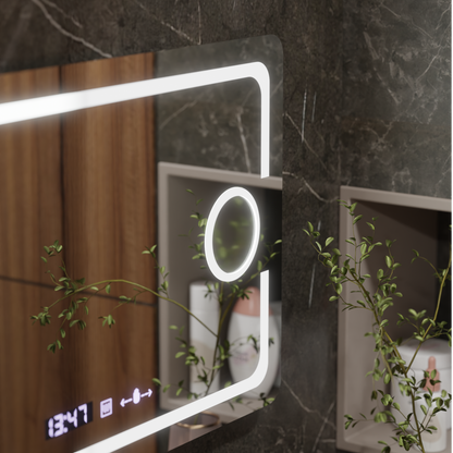 Miroir LED rectangulaire, 120x80cm, Eclat MotionGlow Marcello, système anti-buée, horloge et thermomètre, loupe cosmétique, variable