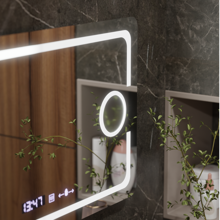 Miroir LED rectangulaire, 120x80cm, Eclat MotionGlow Marcello, système anti-buée, horloge et thermomètre, loupe cosmétique, variable