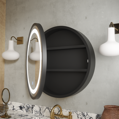 Miroir LED avec armoire, rond, 50x50 cm, anti-buée, cadre noir, espace de rangement