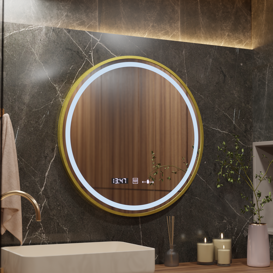 Miroir rond LED, 70 cm, Celeste Royale Gold MotionGlow Marcello, système anti-buée, horloge et thermomètre, intensité variable