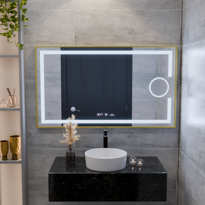 Miroir LED rectangulaire, 110x65cm, Eclat MotionGlow Marcello, système anti-buée, horloge et thermomètre, loupe cosmétique, intensité variable, cadre doré brossé