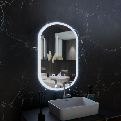 Miroir LED ovale, 50x80 cm, capteur Lucia Marcello, système anti-buée, horloge et thermomètre, intensité variable