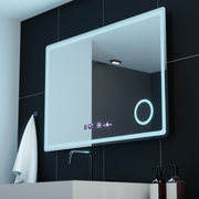 Miroir LED rectangulaire, 90x60 cm, Velour MotionGlow Marcello, système anti-buée, horloge et thermomètre, loupe cosmétique, intensité variable