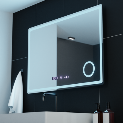 Miroir LED rectangulaire, 90x60 cm, Velour MotionGlow Marcello, système anti-buée, horloge et thermomètre, loupe cosmétique, intensité variable
