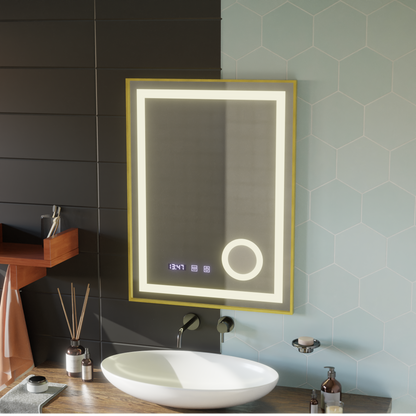 CLARUS Miroir Tactile LED Système de Désembuage, Horloge et Température Loupe Cosmétique Cadre Or Brossé 60x80 cm