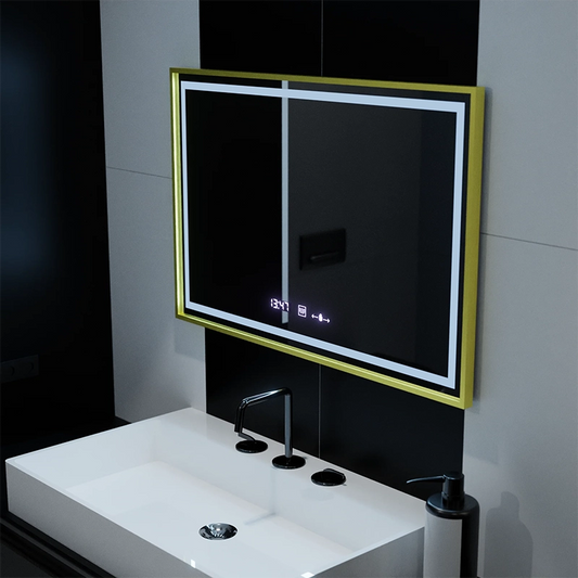 Miroir LED rectangulaire, 100x65 cm, Verite Royale Gold Motion Glow Marcello, système anti-buée, horloge et thermomètre, intensité variable