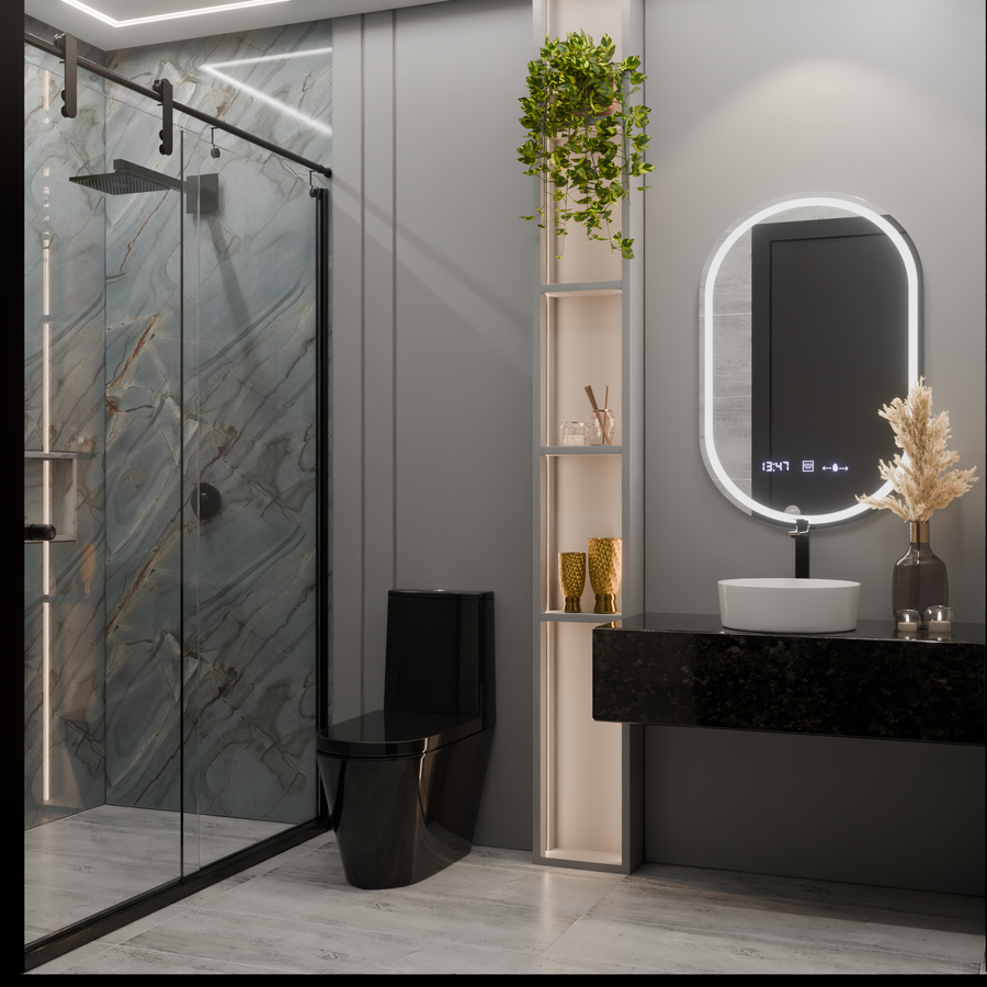 Miroir LED ovale, 50x80cm, Eminence MotionGlow Marcello, système anti-buée, horloge et thermomètre, intensité variable