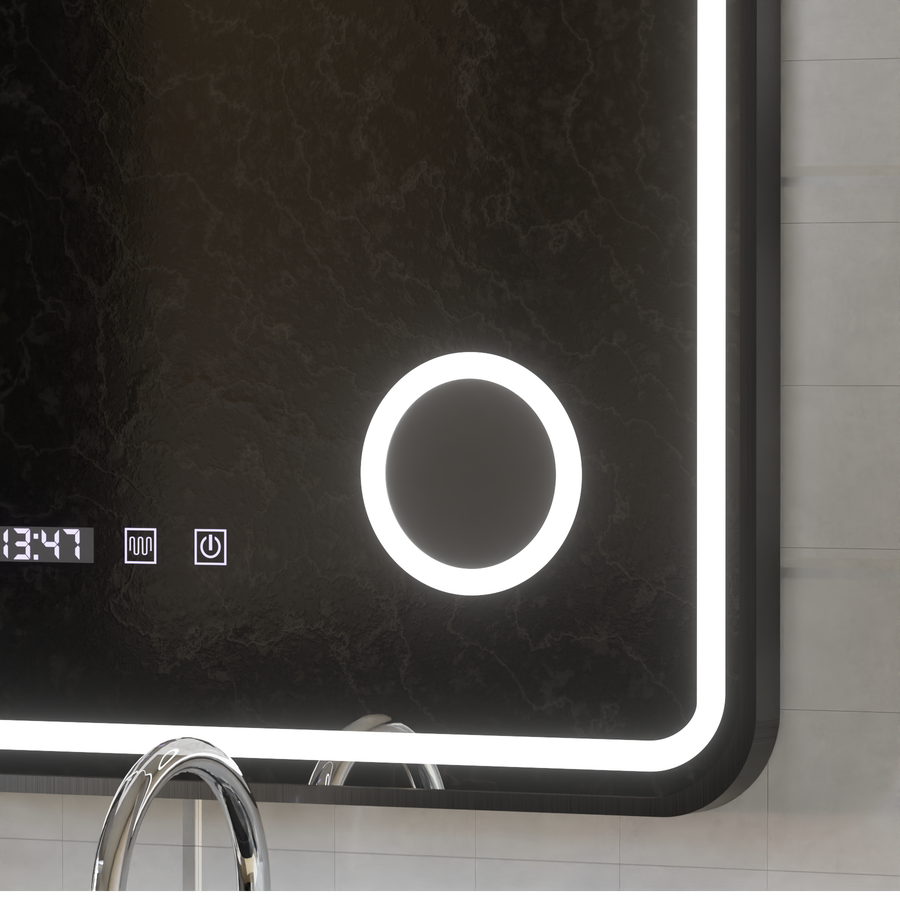 Ulrich Miroir Tactile LED Système de Désembuage, Horloge et Température Loupe Cosmétique Cadre Noir Brossé 60x80 cm