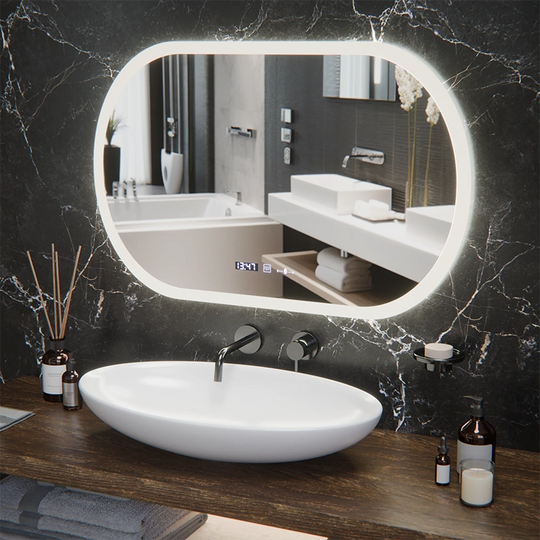 Miroir LED ovale, 80x50 cm, capteur Altera Marcello MotionGlow, système anti-buée, horloge et thermomètre, intensité variable