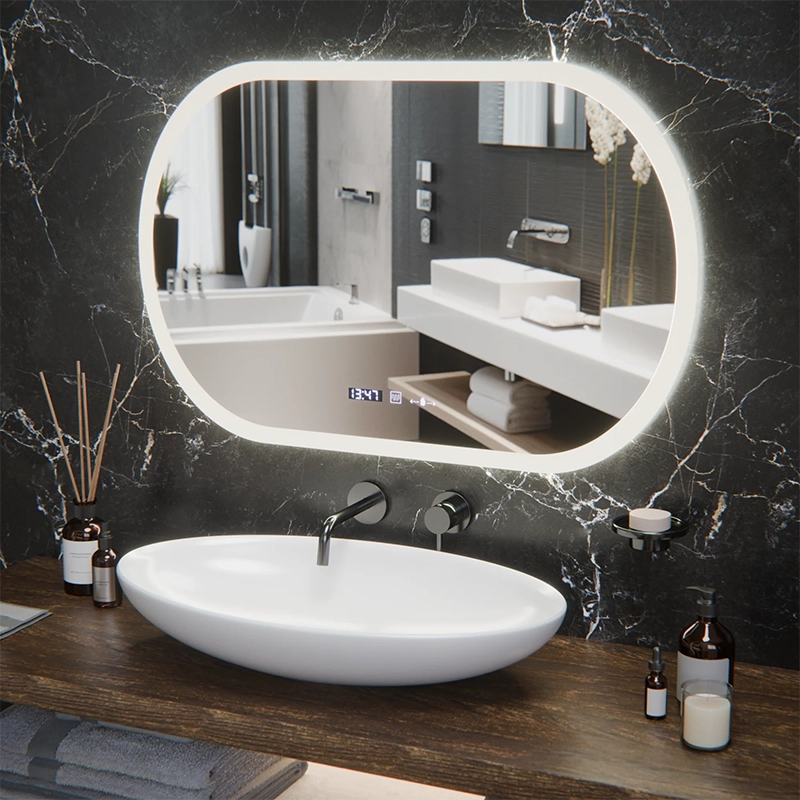Miroir LED ovale, 80x50 cm, capteur Altera Marcello MotionGlow, système anti-buée, horloge et thermomètre, intensité variable