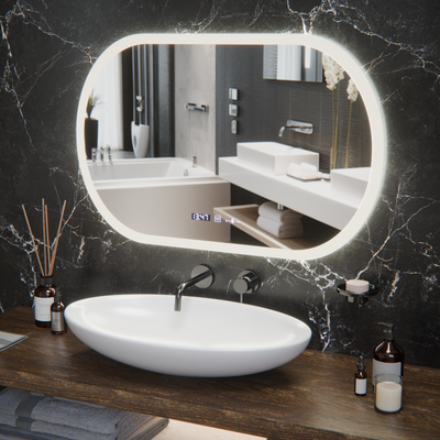 Miroir LED ovale, 80x50 cm, capteur Altera Marcello MotionGlow, système anti-buée, horloge et thermomètre, intensité variable