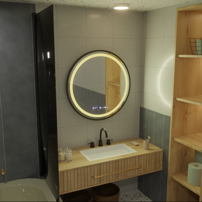 Miroir rond LED, 60 cm, Celeste Majesté Noir MotionGlow Marcello, système anti-buée, horloge et thermomètre, intensité variable