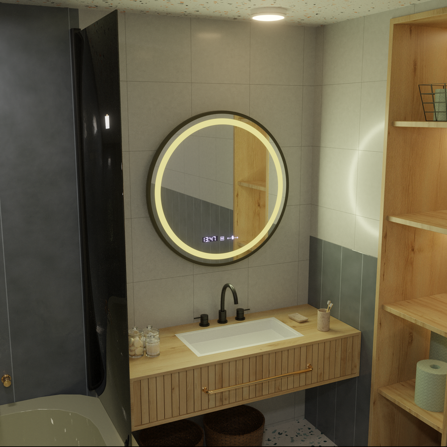 Miroir rond LED, 60 cm, Celeste Majesté Noir MotionGlow Marcello, système anti-buée, horloge et thermomètre, intensité variable