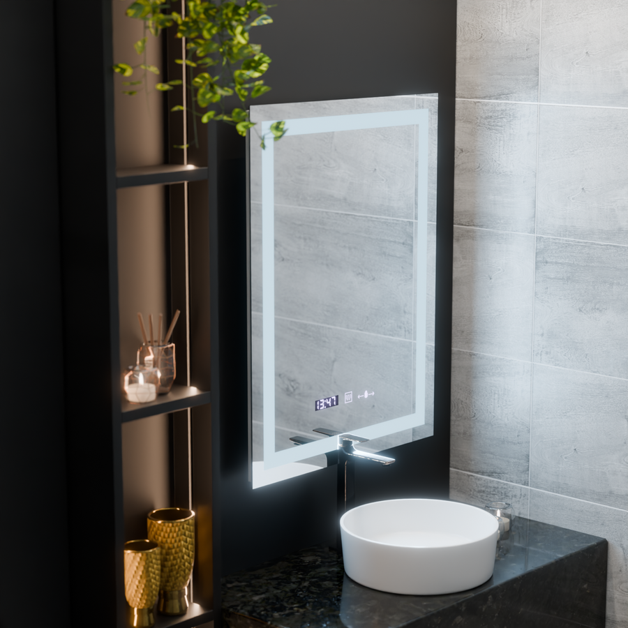 Miroir LED rectangulaire, 60x80 cm, Verite MotionGlow Marcello, système anti-buée, horloge et thermomètre, intensité variable