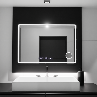 Miroir LED rectangulaire 120x80 Aura Riflesso Puro MotionGlow Marcello, système anti-buée, thermomètre et horloge, dimmable