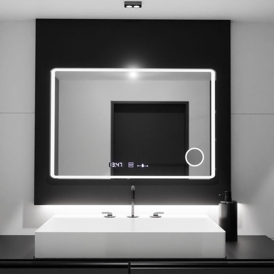 Miroir LED rectangulaire 120x80 Aura Riflesso Puro MotionGlow Marcello, système anti-buée, thermomètre et horloge, dimmable