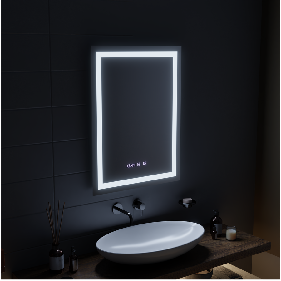 Miroir LED MODENA Touch Système anti-buée, Horloge et Température 60x80 cm