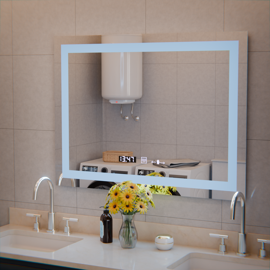 Miroir LED rectangulaire, 80x60 cm, Verite MotionGlow Marcello, système anti-buée, horloge et thermomètre, intensité variable
