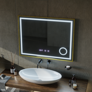 Miroir LED CLARUS Touch, système de désembuage, horloge et température, loupe cosmétique cadre or brossé 80x60 cm
