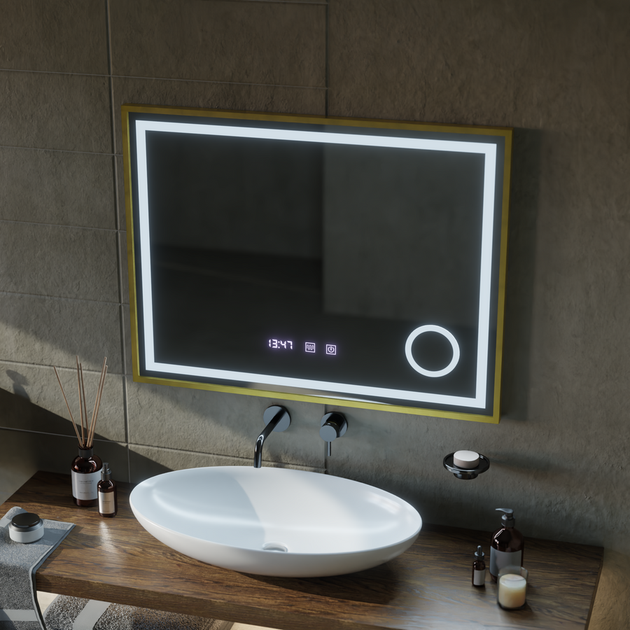 Miroir LED CLARUS Touch, système de désembuage, horloge et température, loupe cosmétique cadre or brossé 80x60 cm
