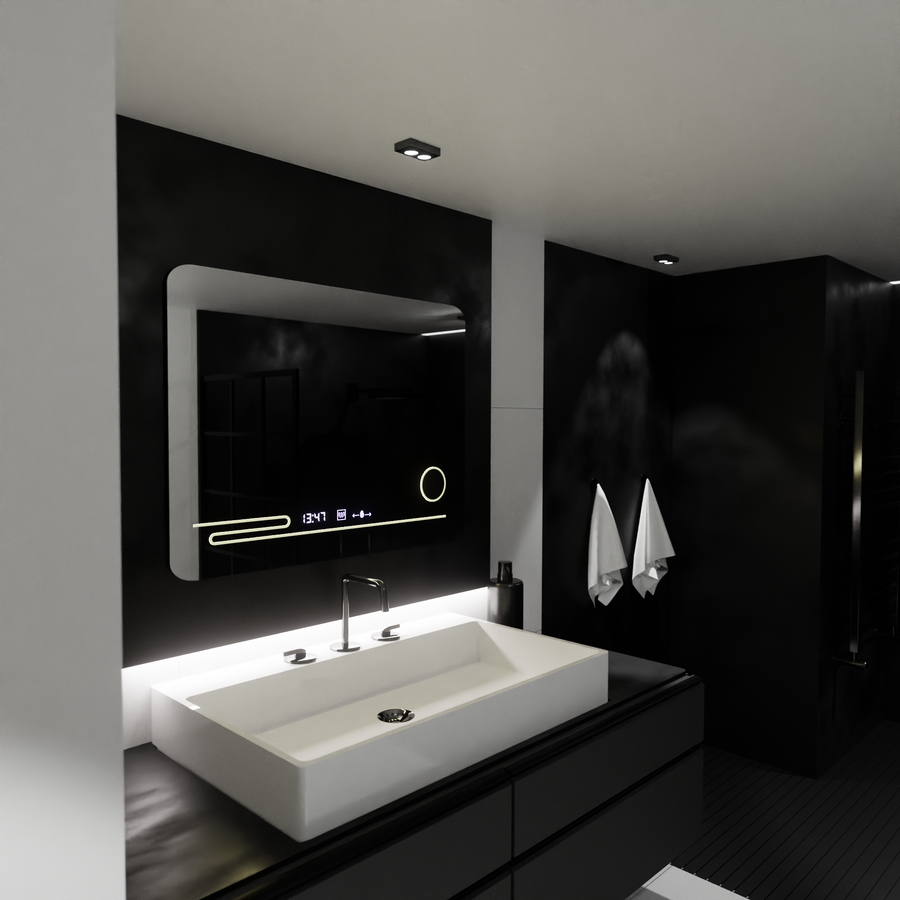 Miroir LED rectangulaire, 80x60 cm, Harmonie MotionGlow Marcello, système anti-buée, thermomètre et horloge, loupe cosmétique, intensité variable