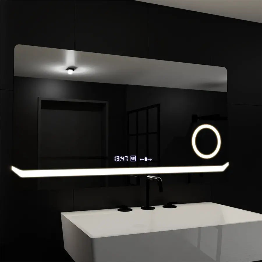 Miroir LED rectangulaire, 80x60 cm, Definition MotionGlow Marcello, système anti-buée, horloge et thermomètre, loupe cosmétique, intensité variable