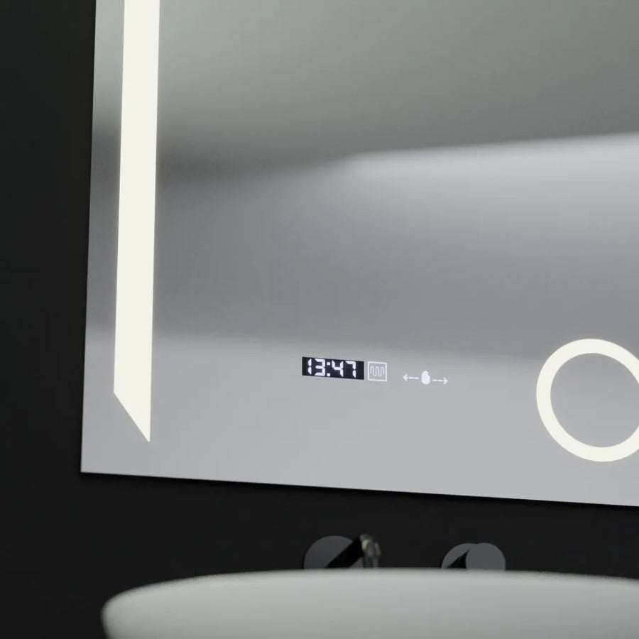 Miroir LED rectangulaire, 60x80 cm, Precision MotionGlow Marcello, système anti-buée, horloge et thermomètre, loupe cosmétique, variable