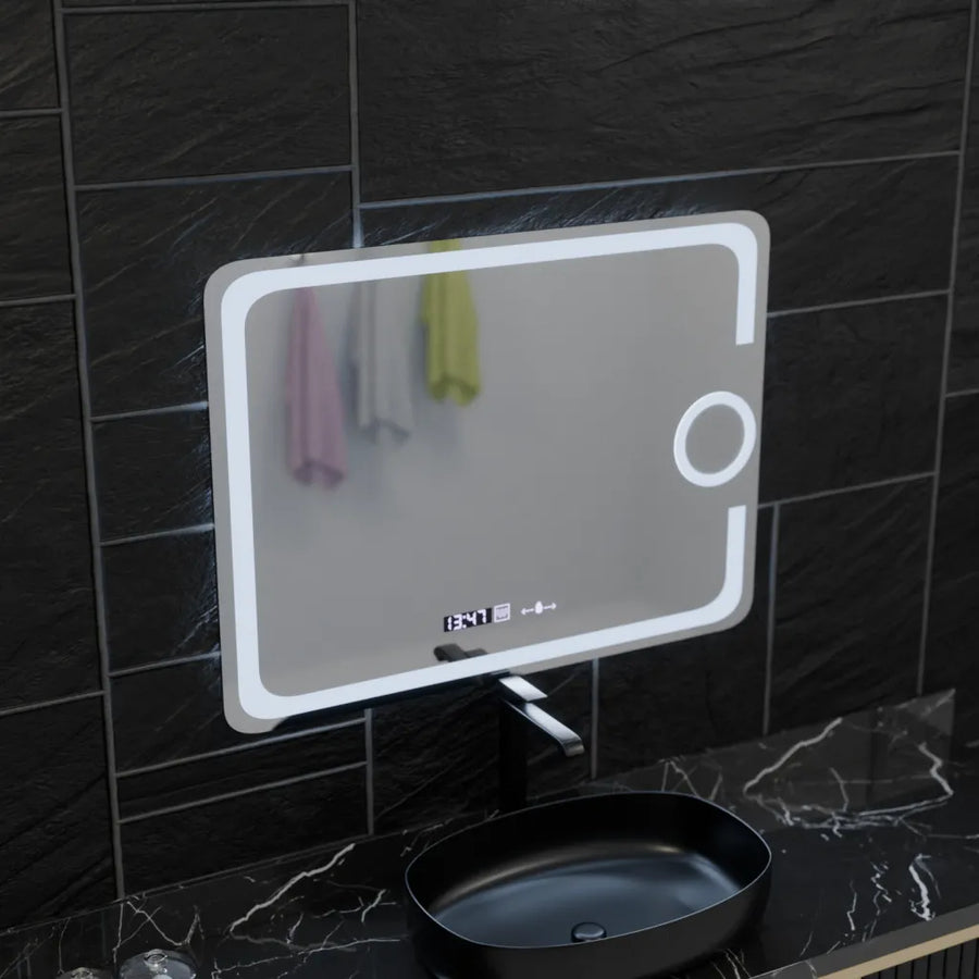 Miroir LED rectangulaire, 80x60 cm, Eclat MotionGlow Marcello, système anti-buée, horloge et thermomètre, loupe cosmétique, intensité variable