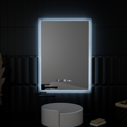 Miroir LED rectangulaire, 50x70cm, capteur ELANCEE MotionGlow Marcello, système anti-buée, horloge et thermomètre, intensité variable