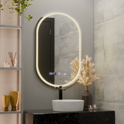 Miroir LED ovale, 60x80cm, Eminence MotionGlow Marcello, système anti-buée, horloge et thermomètre, intensité variable
