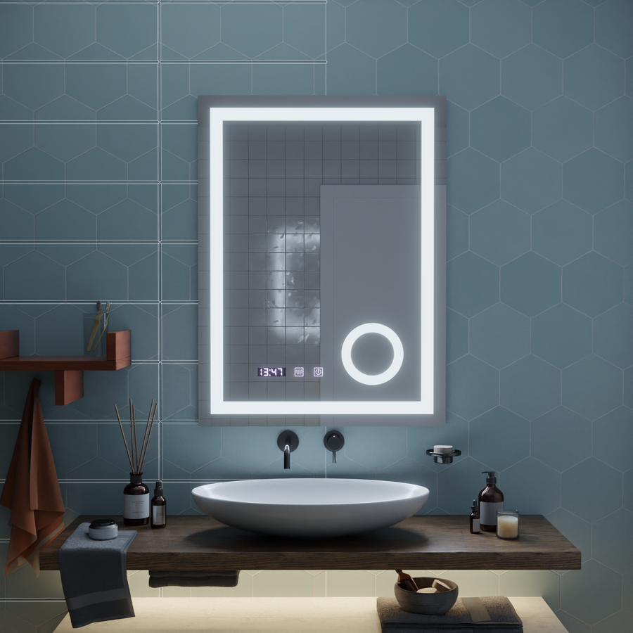 NIVERA Miroir Tactile LED Système de Désembuage, Horloge et Température Loupe Cosmétique 60x80 cm