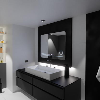 Miroir LED rectangulaire, 80x60 cm, Harmonie MotionGlow Marcello, système anti-buée, thermomètre et horloge, loupe cosmétique, intensité variable