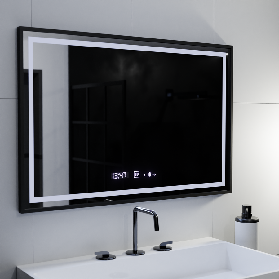 Miroir LED rectangulaire, 120x80cm, Verite Majeste Noir Motion Glow Marcello, système anti-buée, horloge et thermomètre, intensité variable