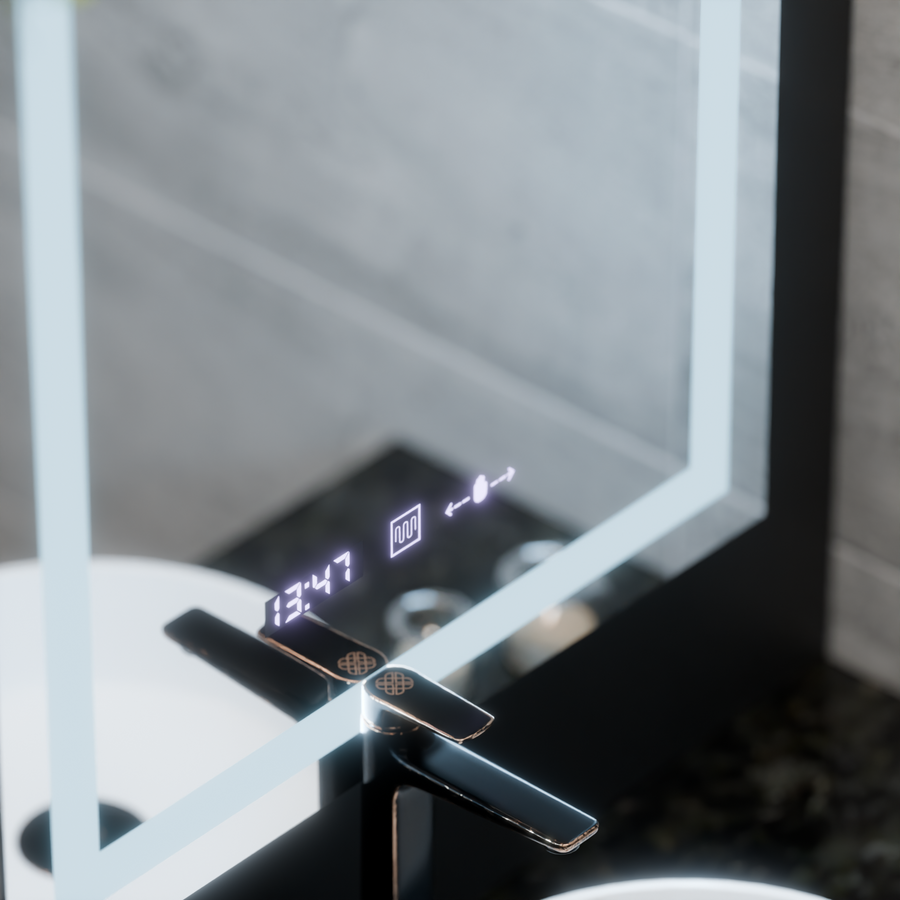 Miroir LED rectangulaire, 60x80 cm, Verite MotionGlow Marcello, système anti-buée, horloge et thermomètre, intensité variable