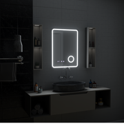 Ulrich Miroir Tactile LED Système de Désembuage, Horloge et Température Loupe Cosmétique Cadre Noir Brossé 60x80 cm