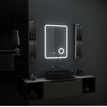 Ulrich Miroir Tactile LED Système de Désembuage, Horloge et Température Loupe Cosmétique Cadre Noir Brossé 60x80 cm