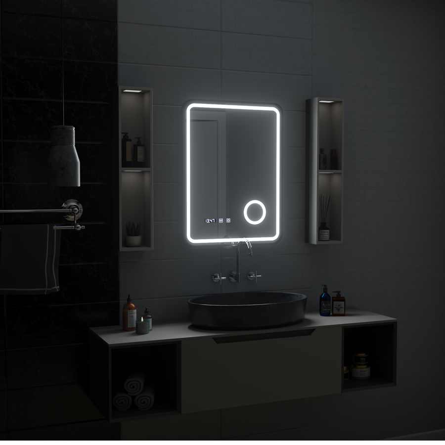 Ulrich Miroir Tactile LED Système de Désembuage, Horloge et Température Loupe Cosmétique Cadre Noir Brossé 60x80 cm