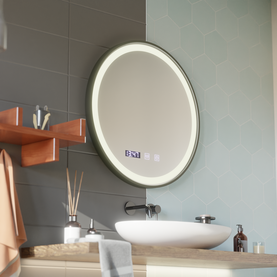 Miroir tactile LED NOVARA système anti-buée, horloge et température 80 cm cadre noir brossé