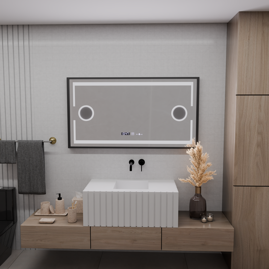 Miroir LED MotionGlow Capteur Domingo avec fonction anti-buée Thermomètre Horloge 120x65 cm Lumière Froide/Chaude/Neutre Intensité Variable, Cadre Noir Brossé, collection Marcello Funghi