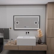 Miroir LED MotionGlow Capteur Domingo avec fonction anti-buée Thermomètre Horloge 120x65 cm Lumière Froide/Chaude/Neutre Intensité Variable, Cadre Noir Brossé, collection Marcello Funghi